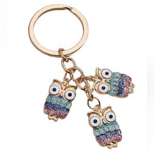 NEW Owl trio enamel key chain bag charm pastel colors and gold